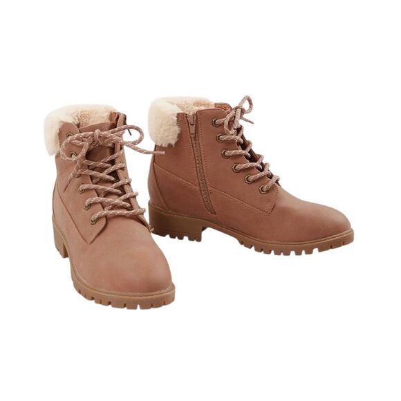 Madden Girl Women's Blush Ankle Lug Workboot Booties Faux Fur Trim Lace-Up Zip - Picture 3 of 16